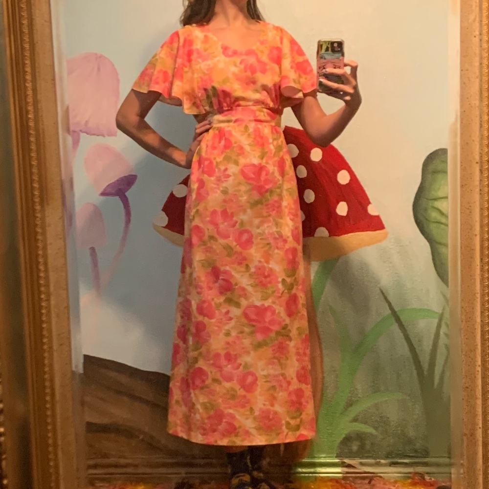 60’s 70’s groovy floral print maxi dress wing cape sleeves cocktail party boho